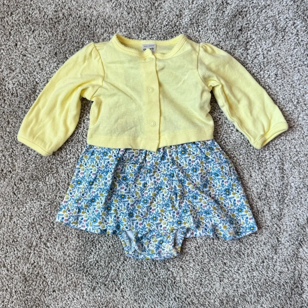 Carter’s Baby Girl Floral Dress Bodysuit with Yellow Cardigan - Size 3 Months
